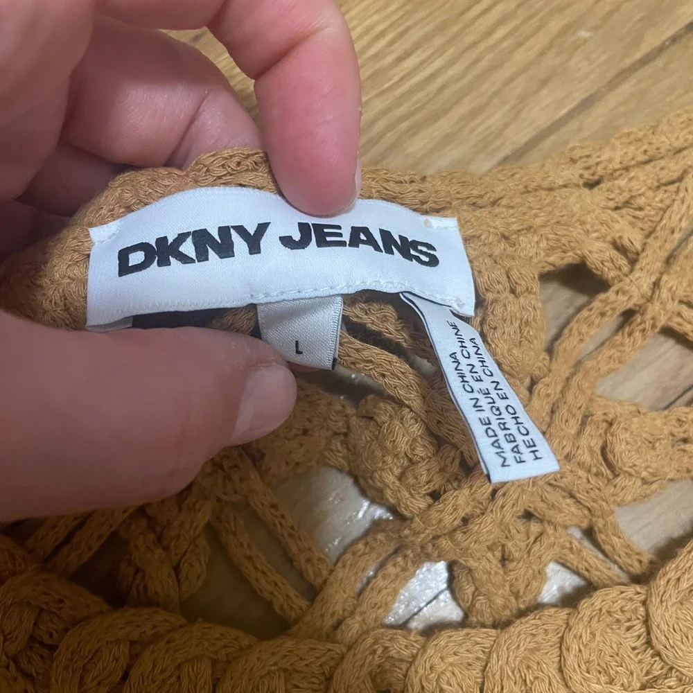 DKNY Jeans Women's L Tan Brown Open Crochet Knit Fringe Festival Tank Crop Top